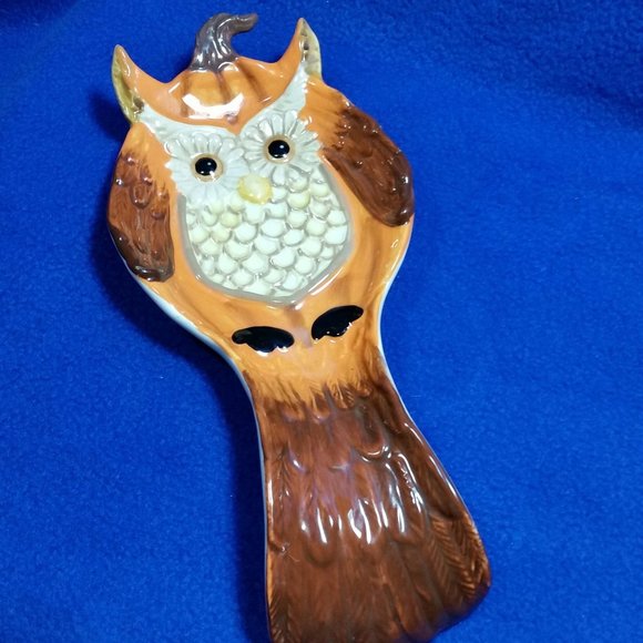 Cracker Barrel Owl and Pumpkin Spoon Rest Fall Table Decor Stoneware Pre-Owned - Picture 3 of 10